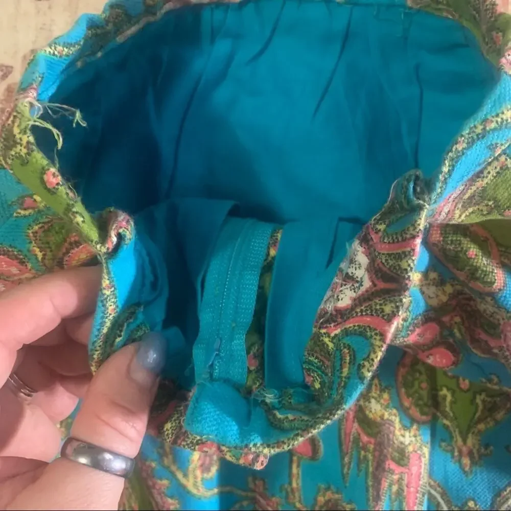 Vintage 60s batik handmade mini skirt turquoise